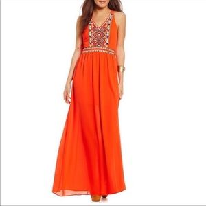 GB Orange Red Embroidered Halter Maxi Dress XS